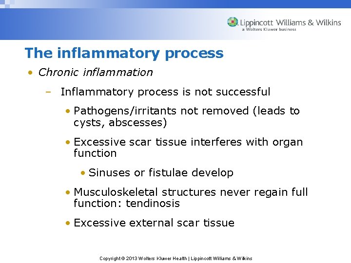 The inflammatory process • Chronic inflammation – Inflammatory process is not successful • Pathogens/irritants