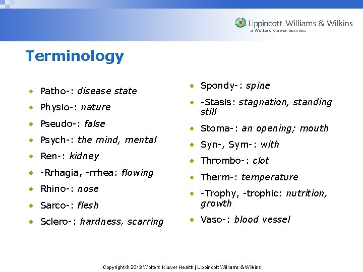 Terminology • Patho-: disease state • Spondy-: spine • Physio-: nature • -Stasis: stagnation,