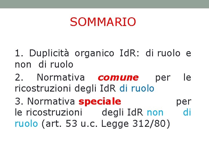 SOMMARIO 1. Duplicità organico Id. R: di ruolo e non di ruolo 2. Normativa