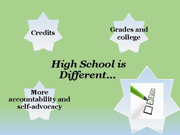 Credits Grades and college High School is Different… More accountability and self-advocacy 