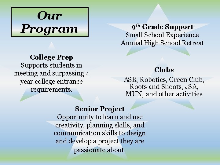 Our Program College Prep Supports students in meeting and surpassing 4 year college entrance