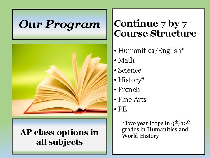 Our Program Continue 7 by 7 Course Structure • Humanities/English* • Math • Science