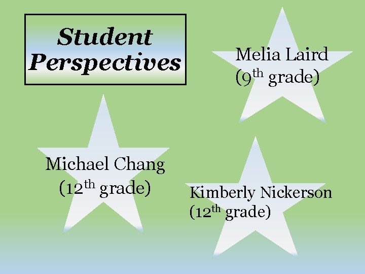 Student Perspectives Michael Chang (12 th grade) Melia Laird (9 th grade) Kimberly Nickerson