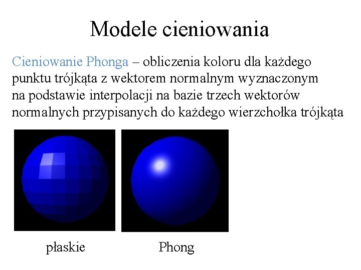 Modele cieniowania Cieniowanie Phonga – obliczenia koloru dla każdego punktu trójkąta z wektorem normalnym