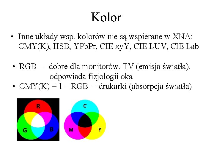 Kolor • Inne układy wsp. kolorów nie są wspierane w XNA: CMY(K), HSB, YPb.