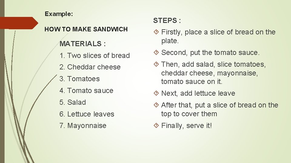 Example: HOW TO MAKE SANDWICH STEPS : MATERIALS : Firstly, place a slice of