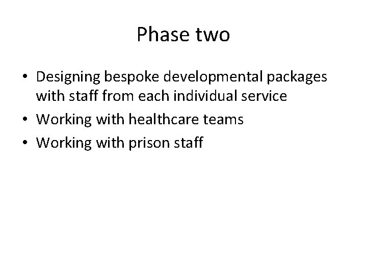 Phase two • Designing bespoke developmental packages with staff from each individual service •