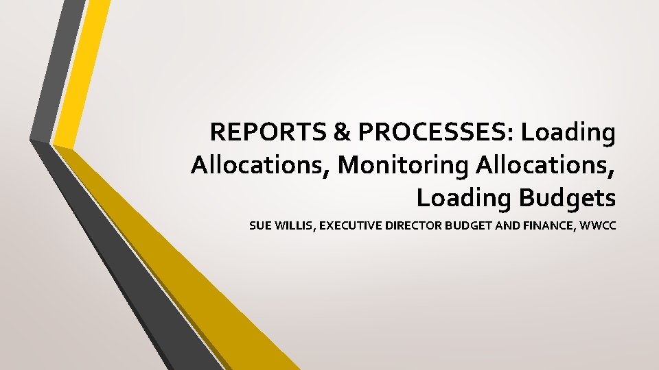 REPORTS & PROCESSES: Loading Allocations, Monitoring Allocations, Loading Budgets SUE WILLIS, EXECUTIVE DIRECTOR BUDGET