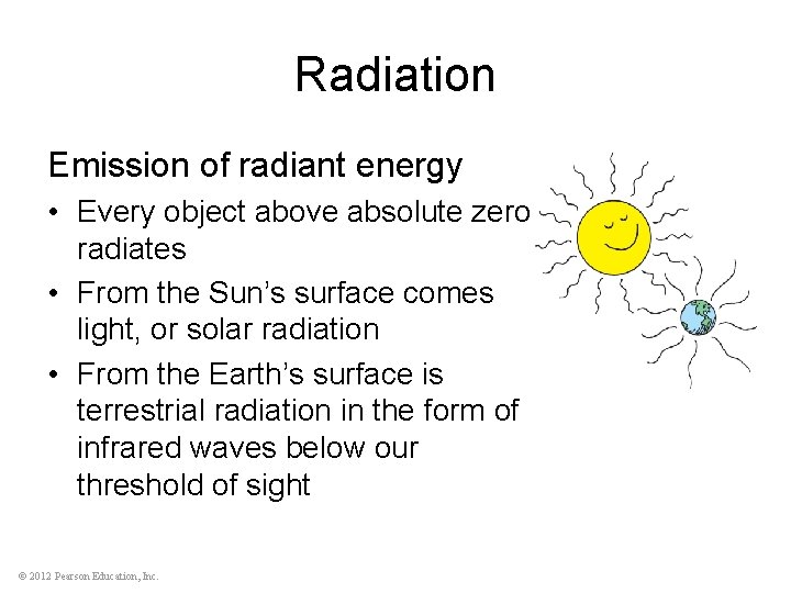 Radiation Emission of radiant energy • Every object above absolute zero radiates • From