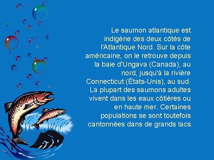 Le saumon atlantique est indigène des deux côtés de l'Atlantique Nord. Sur la côte