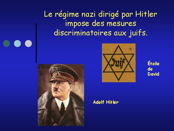 Le régime nazi dirigé par Hitler impose des mesures discriminatoires aux juifs. Étoile de