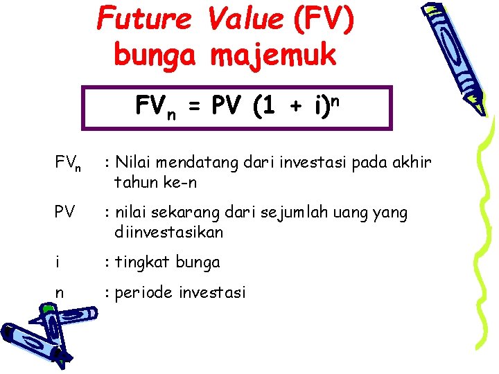 Future Value (FV) bunga majemuk FVn = PV (1 + i)n FVn : Nilai