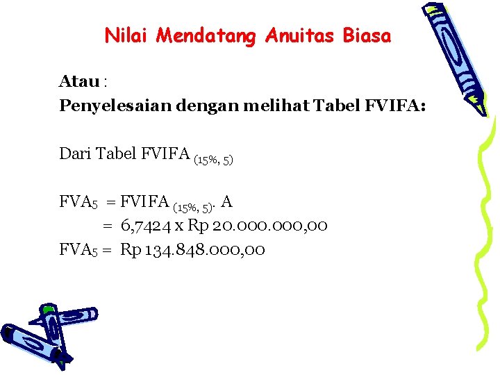 Nilai Mendatang Anuitas Biasa Atau : Penyelesaian dengan melihat Tabel FVIFA: Dari Tabel FVIFA
