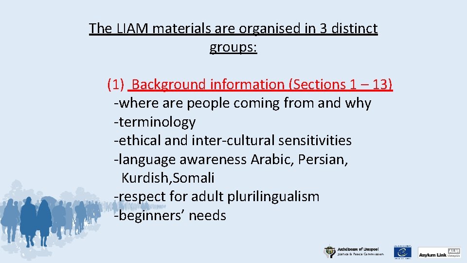 The LIAM materials are organised in 3 distinct groups: (1) Background information (Sections 1