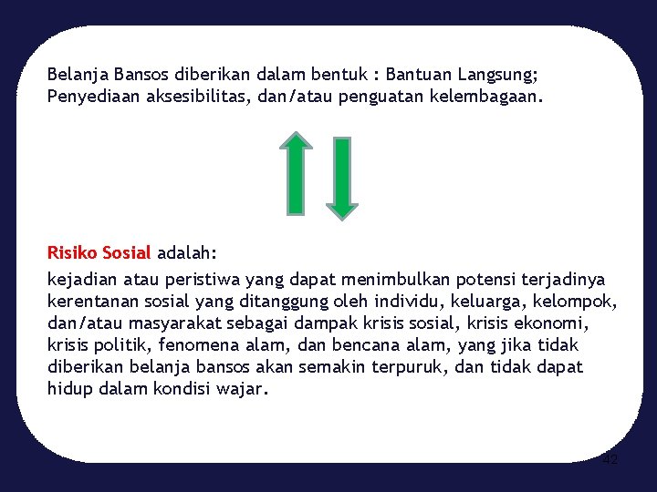 Belanja Bansos diberikan dalam bentuk : Bantuan Langsung; Penyediaan aksesibilitas, dan/atau penguatan kelembagaan. Risiko