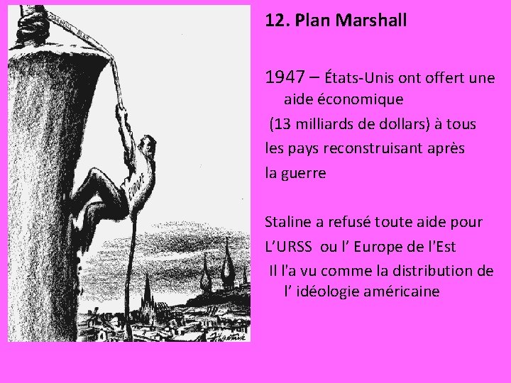 12. Plan Marshall 1947 – États-Unis ont offert une aide économique (13 milliards de