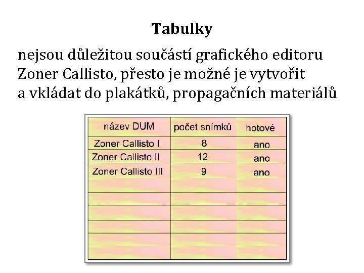 Tabulky nejsou důležitou součástí grafického editoru Zoner Callisto, přesto je možné je vytvořit a