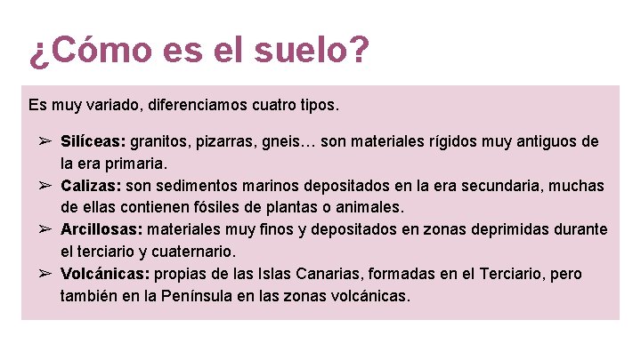 ¿Cómo es el suelo? Es muy variado, diferenciamos cuatro tipos. ➢ Silíceas: granitos, pizarras,