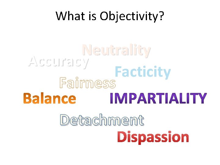 What is Objectivity? Neutrality Accuracy Facticity Fairness Detachment Dispassion 