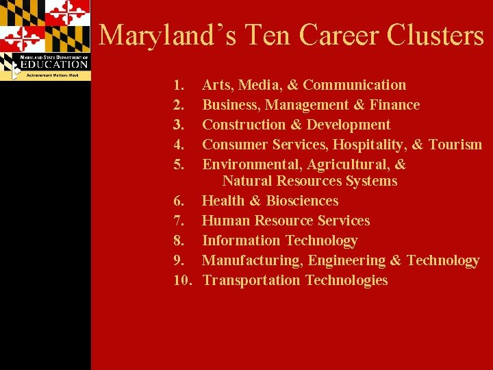 Maryland’s Ten Career Clusters 1. 2. 3. 4. 5. Arts, Media, & Communication Business,