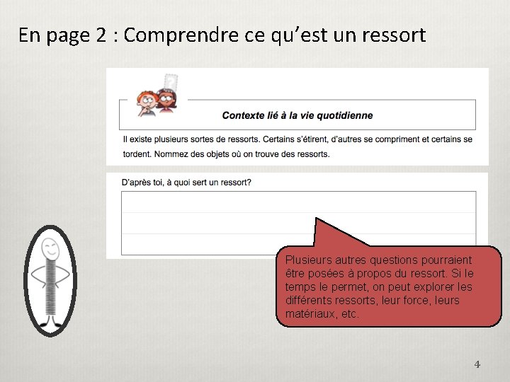 En page 2 : Comprendre ce qu’est un ressort Plusieurs autres questions pourraient être