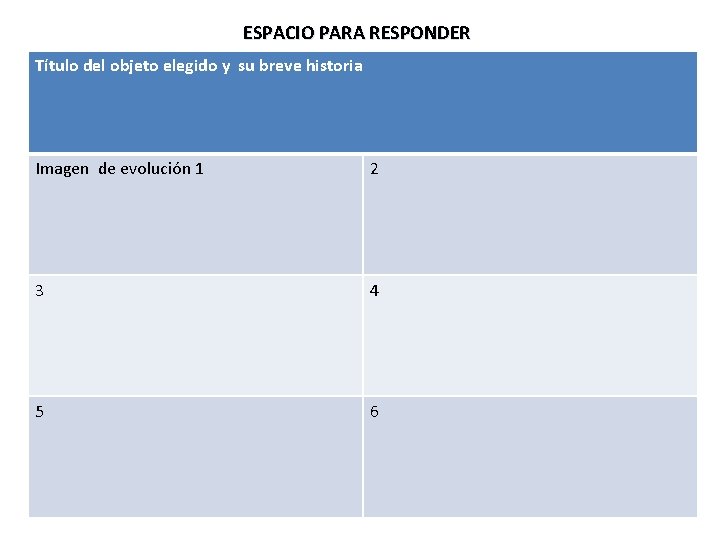 ESPACIO PARA RESPONDER Título del objeto elegido y su breve historia Imagen de evolución