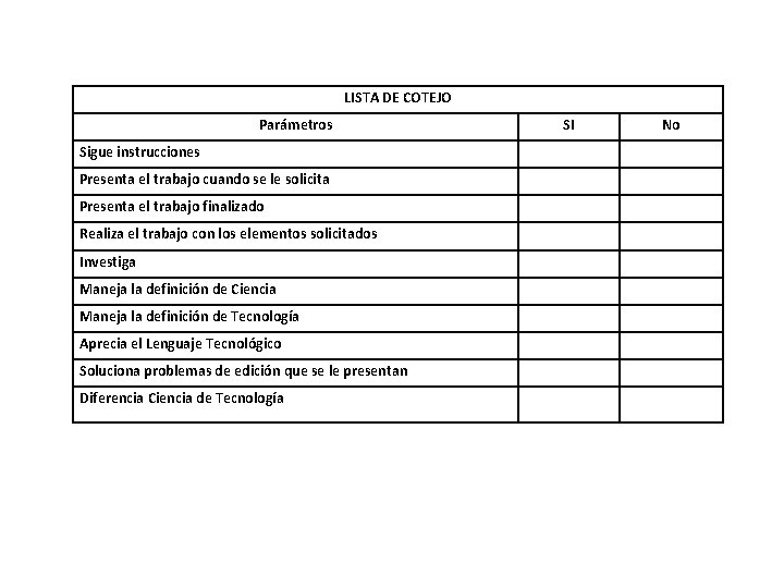 LISTA DE COTEJO Parámetros Sigue instrucciones Presenta el trabajo cuando se le solicita Presenta