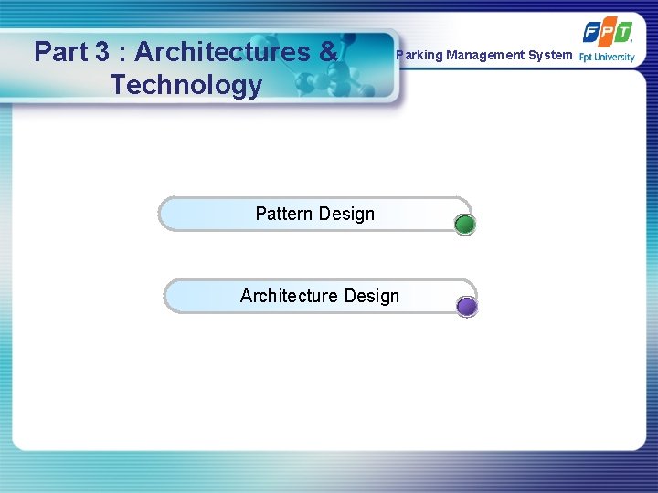 Part 3 : Architectures & Technology Parking Management System Pattern Design Architecture Design 
