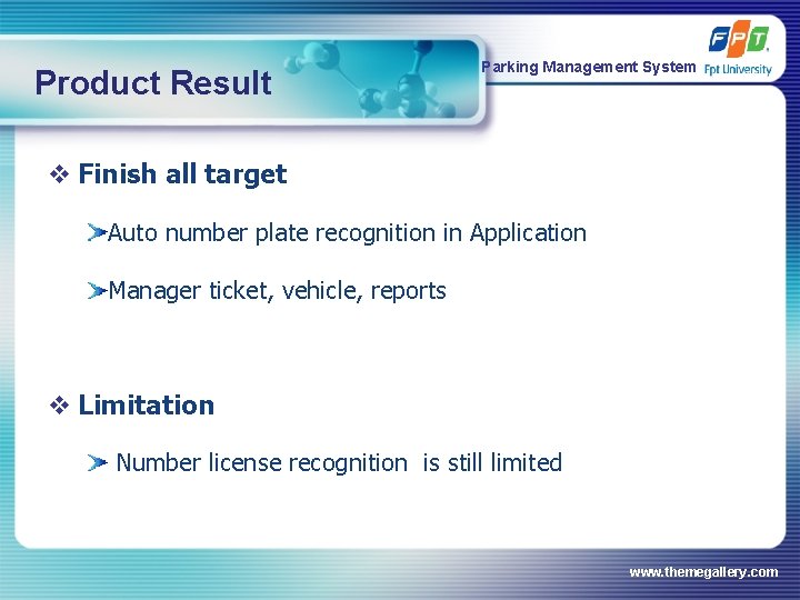 Product Result Parking Management System v Finish all target Auto number plate recognition in