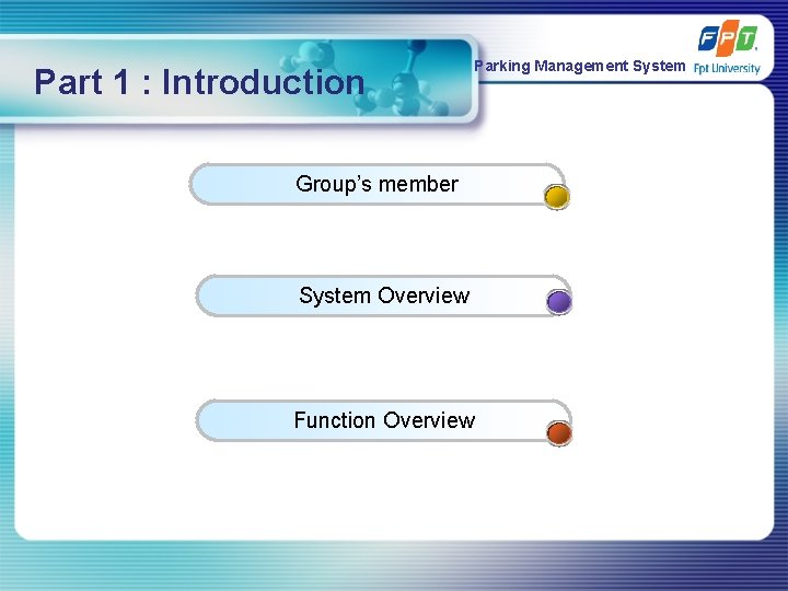 Part 1 : Introduction Parking Management System Group’s member System Overview Function Overview 