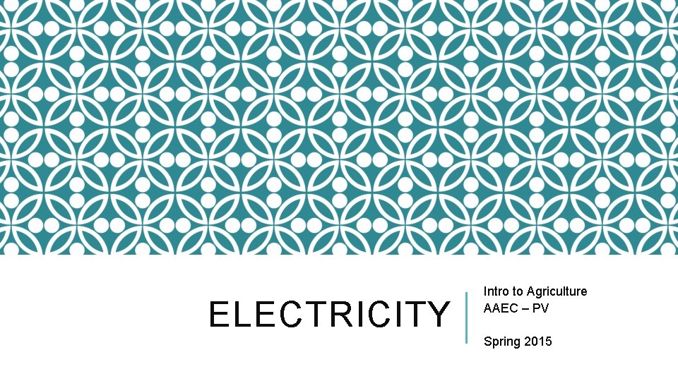 ELECTRICITY Intro to Agriculture AAEC – PV Spring 2015 
