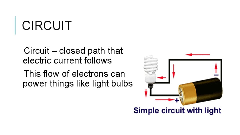 CIRCUIT Circuit – closed path that electric current follows This flow of electrons can