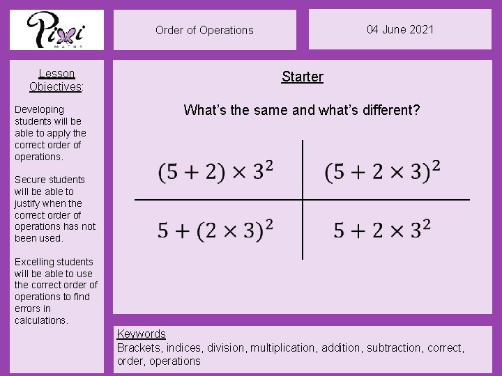 04 June 2021 Order of Operations Lesson Objectives: Developing students will be able to