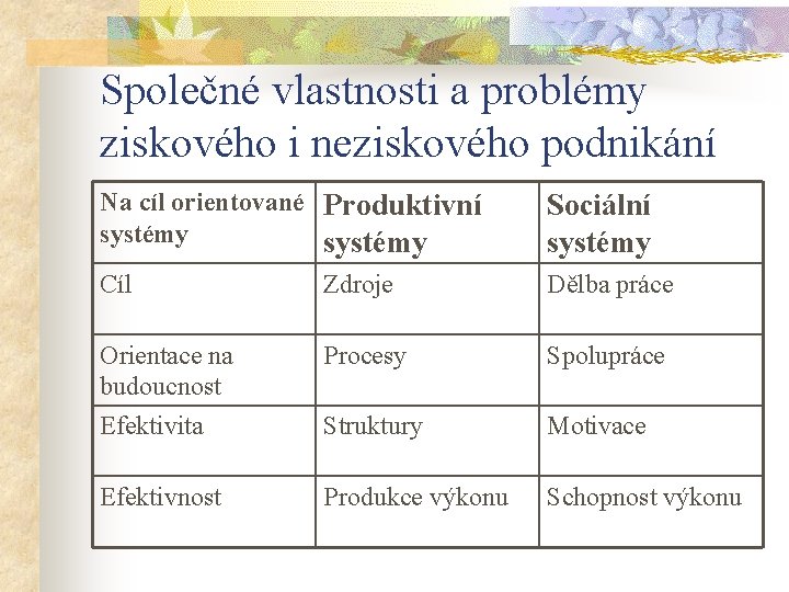 Společné vlastnosti a problémy ziskového i neziskového podnikání Na cíl orientované Produktivní systémy Sociální