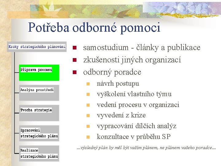 Potřeba odborné pomoci n n n samostudium - články a publikace zkušenosti jiných organizací