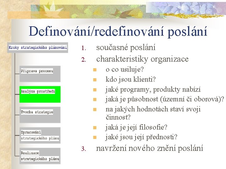 Definování/redefinování poslání 1. 2. současné poslání charakteristiky organizace n n n n 3. o