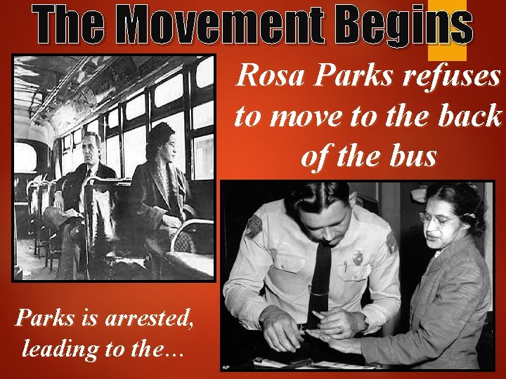 The Movement Begins Rosa Parks refuses to move to the back of the bus