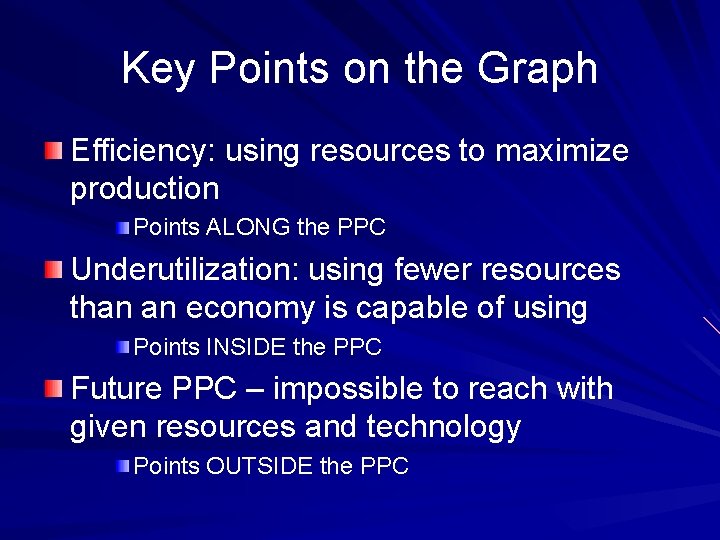 Key Points on the Graph Efficiency: using resources to maximize production Points ALONG the