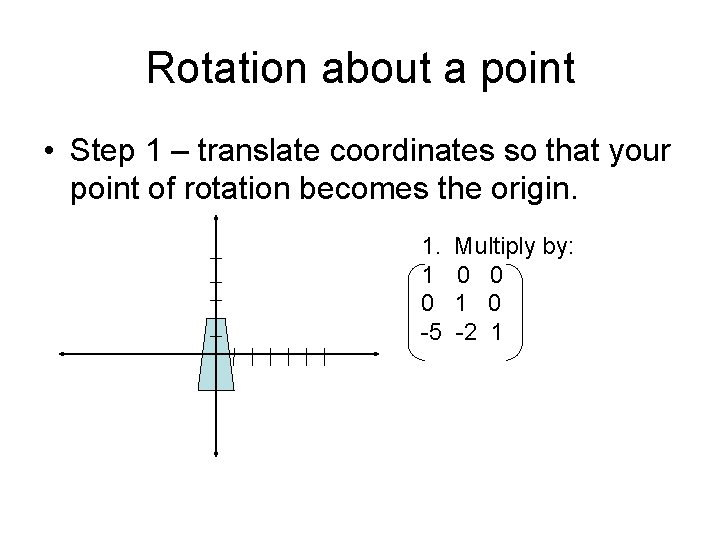 Rotation about a point • Step 1 – translate coordinates so that your point