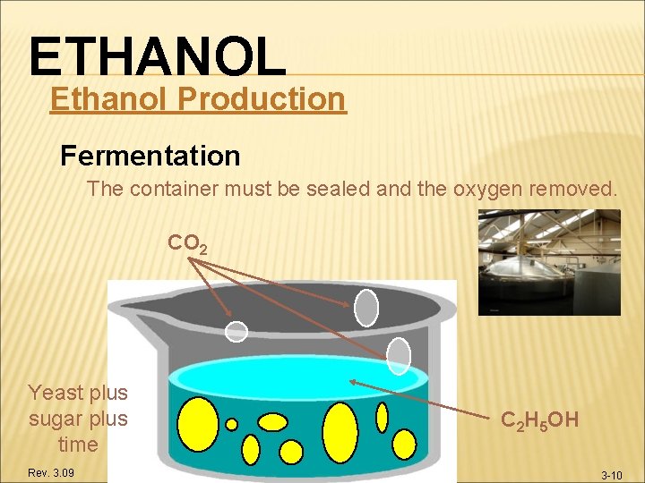 ETHANOL Ethanol Production Fermentation The container must be sealed and the oxygen removed. CO