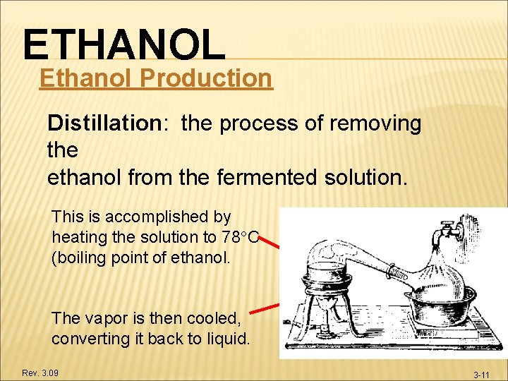 ETHANOL Ethanol Production Distillation: the process of removing the ethanol from the fermented solution.