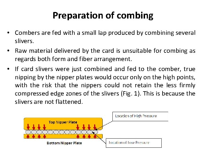 Preparation of combing • Combers are fed with a small lap produced by combining