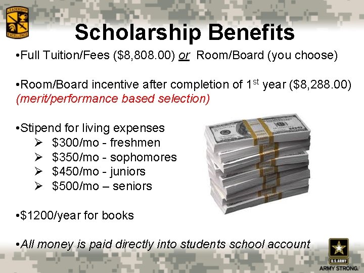 Scholarship Benefits • Full Tuition/Fees ($8, 808. 00) or Room/Board (you choose) • Room/Board