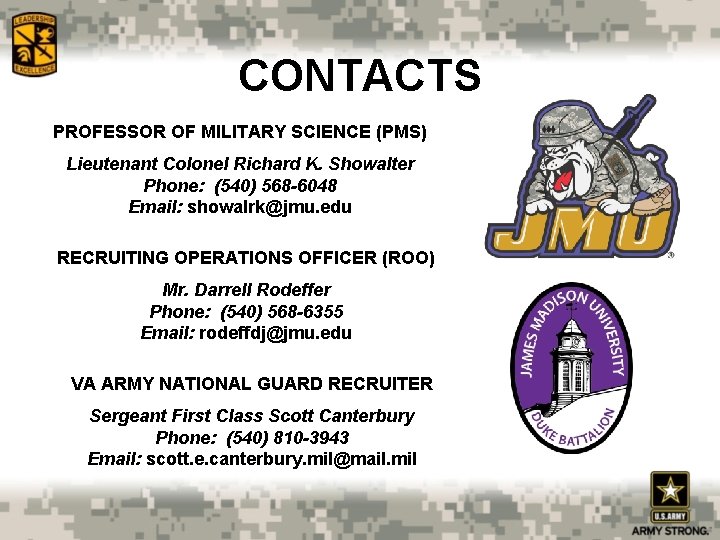 CONTACTS PROFESSOR OF MILITARY SCIENCE (PMS) Lieutenant Colonel Richard K. Showalter Phone: (540) 568