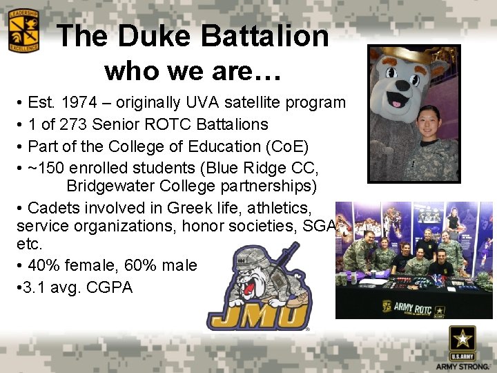 The Duke Battalion who we are… • Est. 1974 – originally UVA satellite program