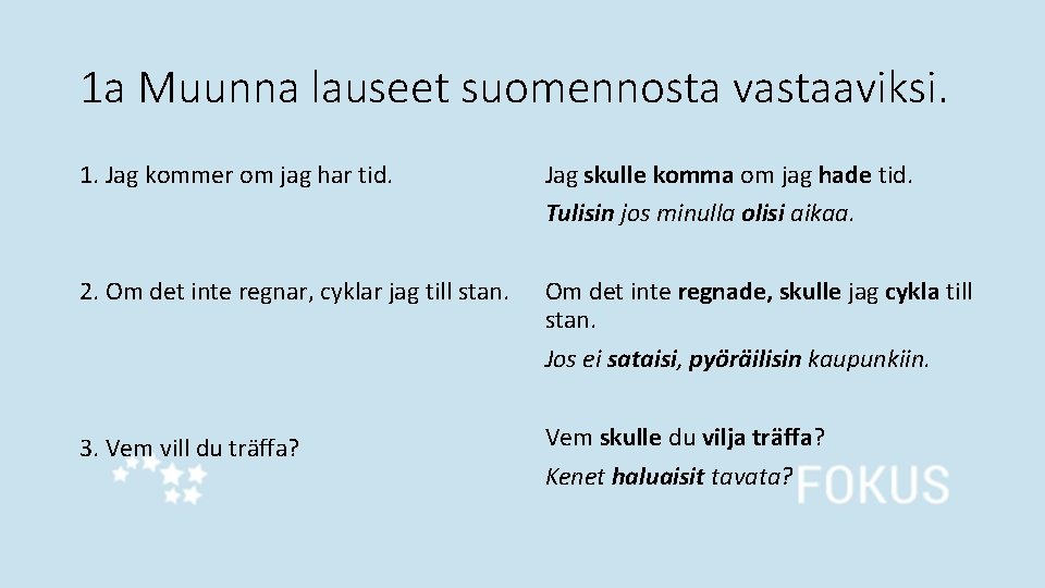 1 a Muunna lauseet suomennosta vastaaviksi. 1. Jag kommer om jag har tid. Jag 1 a Muunna lauseet suomennosta vastaaviksi. 1. Jag kommer om jag har tid. Jag