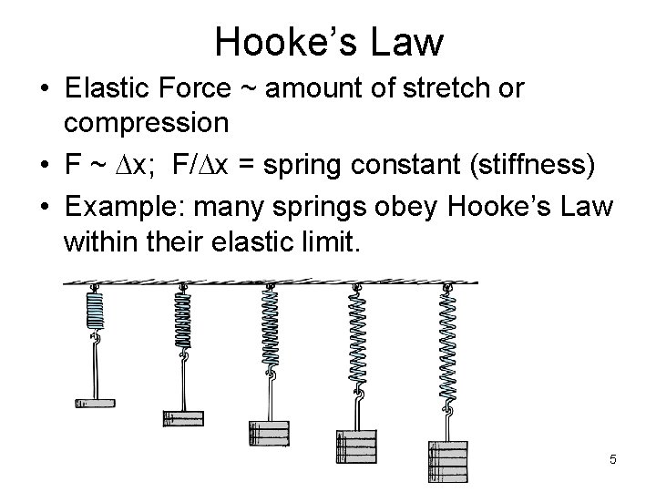 Hooke’s Law • Elastic Force ~ amount of stretch or compression • F ~