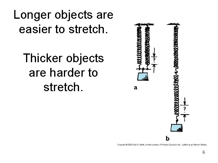 Longer objects are easier to stretch. Thicker objects are harder to stretch. 6 