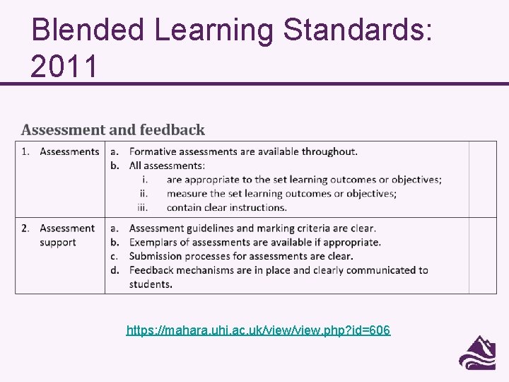 Blended Learning Standards: 2011 https: //mahara. uhi. ac. uk/view. php? id=606 