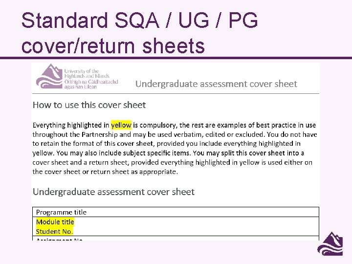 Standard SQA / UG / PG cover/return sheets 